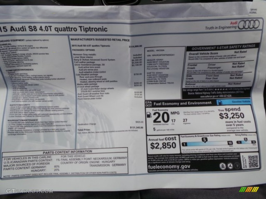 2015 Audi S8 quattro S Window Sticker Photo #95498813