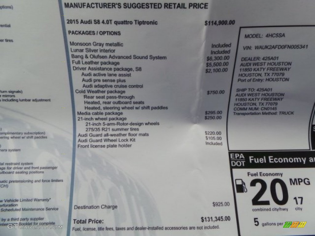 2015 Audi S8 quattro S Window Sticker Photo #95498834