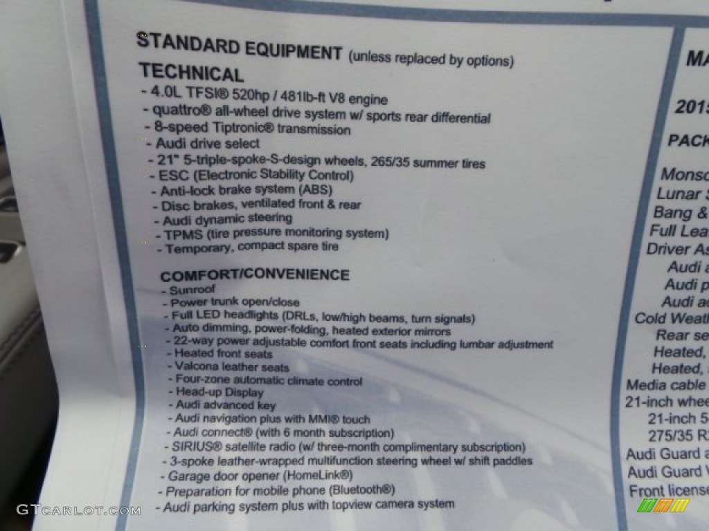 2015 Audi S8 quattro S Window Sticker Photo #95498858