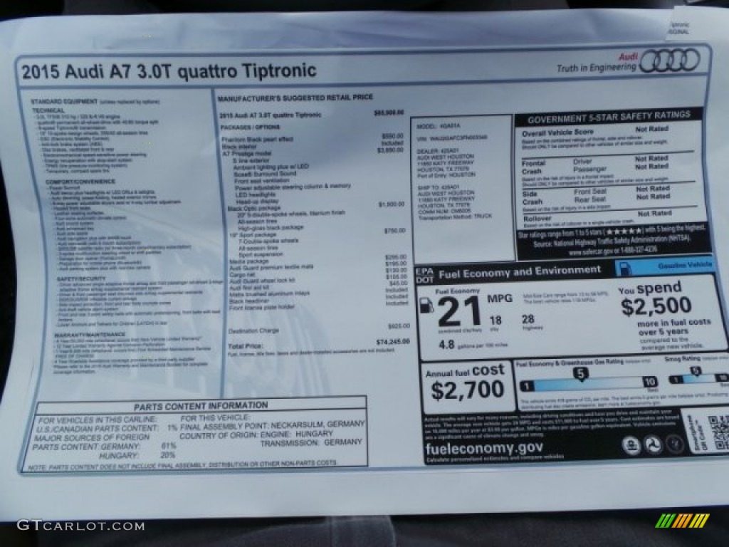 2015 Audi A7 3.0T quattro Prestige Window Sticker Photo #95500290