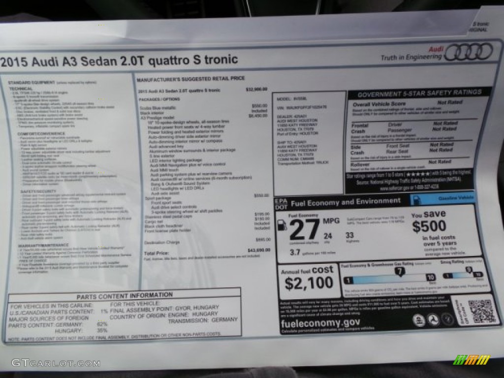 2015 Audi A3 2.0 Prestige quattro Window Sticker Photo #95502482