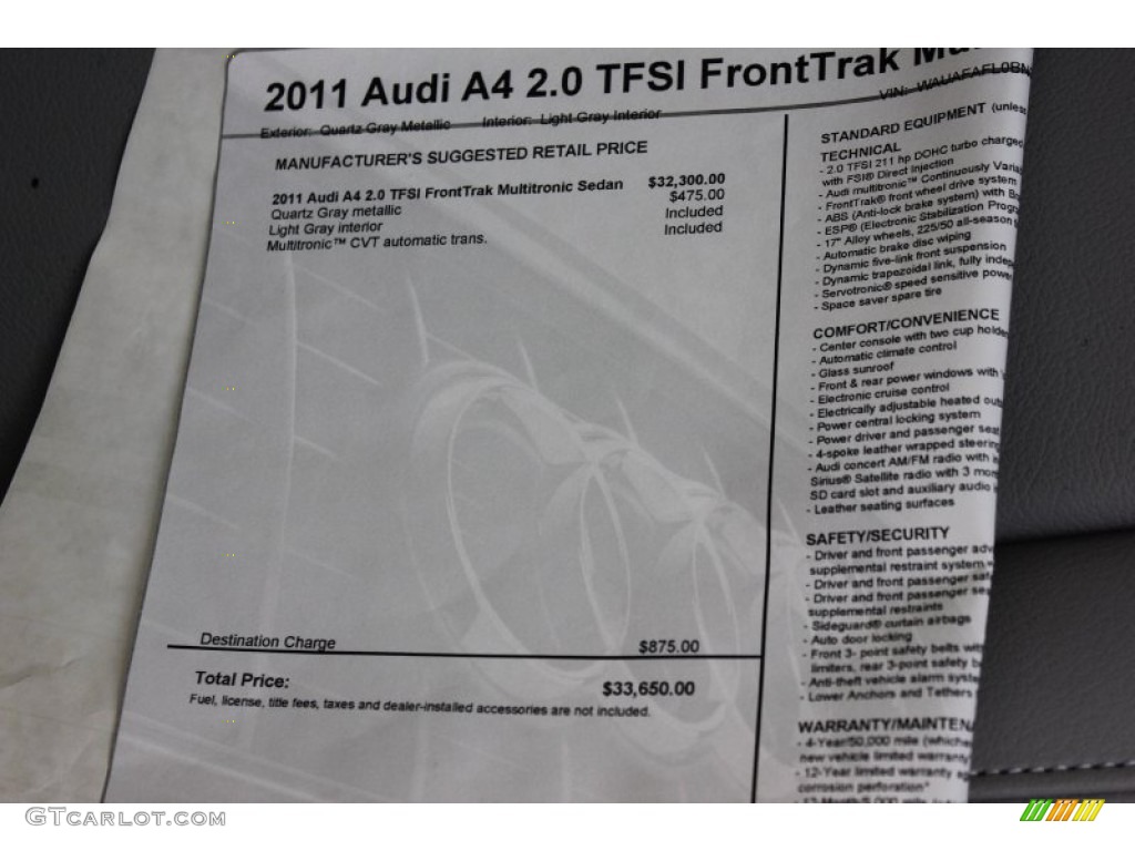 2011 A4 2.0T Sedan - Quartz Grey Metallic / Light Gray photo #13