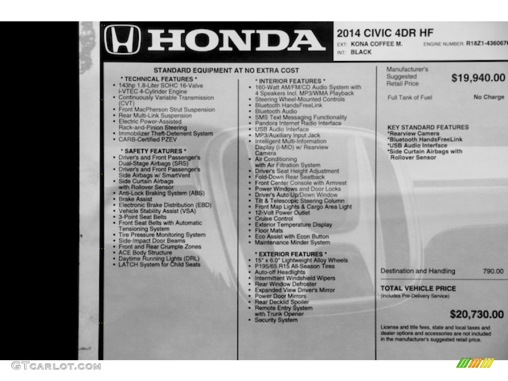 2014 Honda Civic HF Sedan Window Sticker Photo #95548469