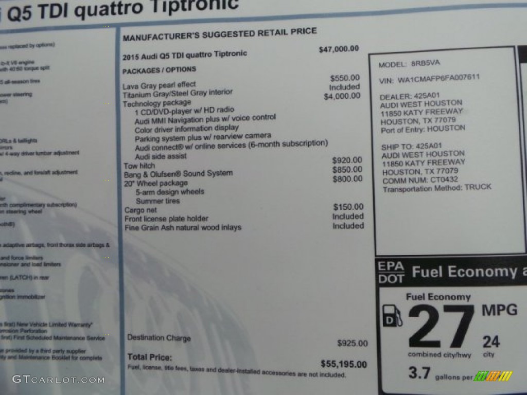 2015 Audi Q5 3.0 TDI Premium Plus quattro Window Sticker Photo #95560376