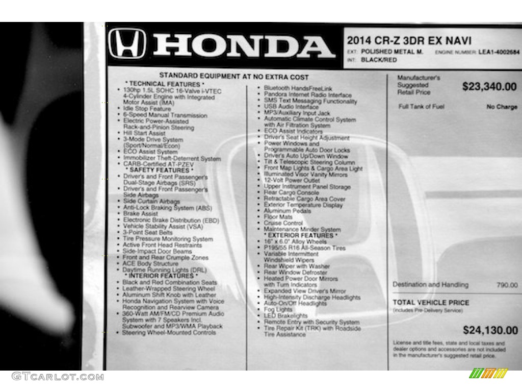 2014 Honda CR-Z EX Navigation Hybrid Window Sticker Photo #95577992