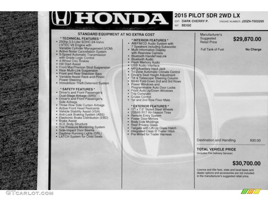 2015 Honda Pilot LX Window Sticker Photo #95582352
