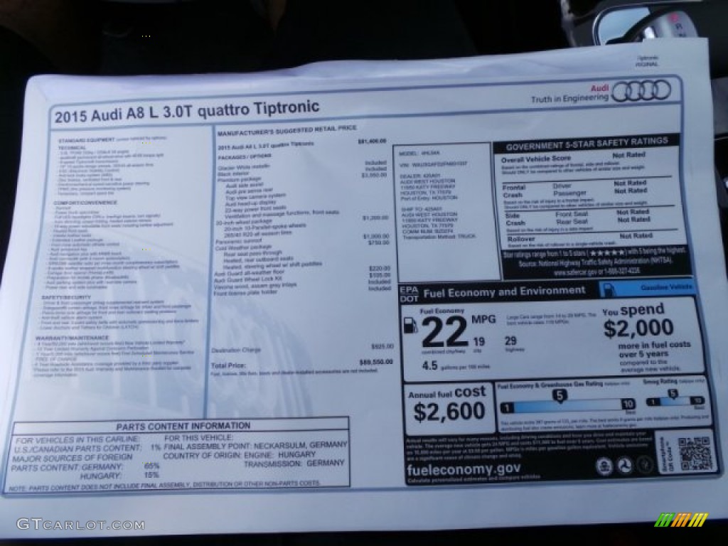 2015 Audi A8 L 3.0T quattro Window Sticker Photo #95639948