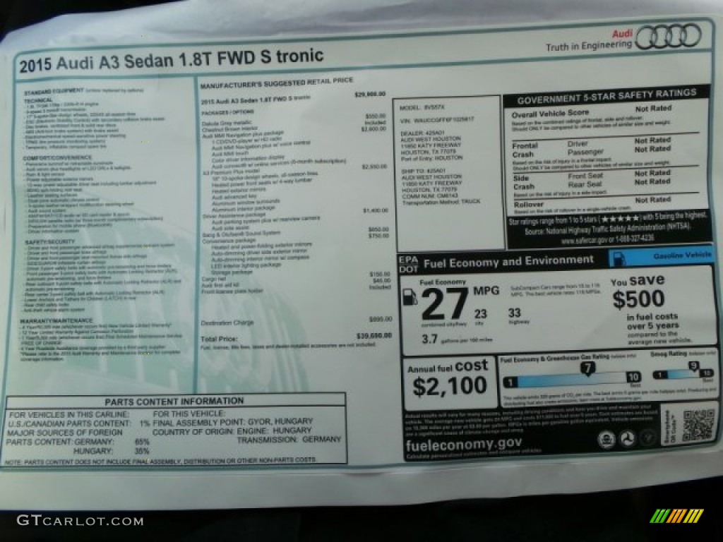 2015 Audi A3 1.8 Premium Plus Window Sticker Photo #95640647