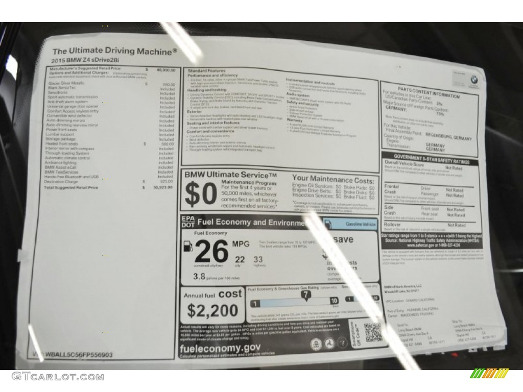 2015 BMW Z4 sDrive28i Window Sticker Photos