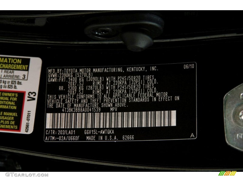 2010 Toyota Venza V6 AWD Color Code Photos