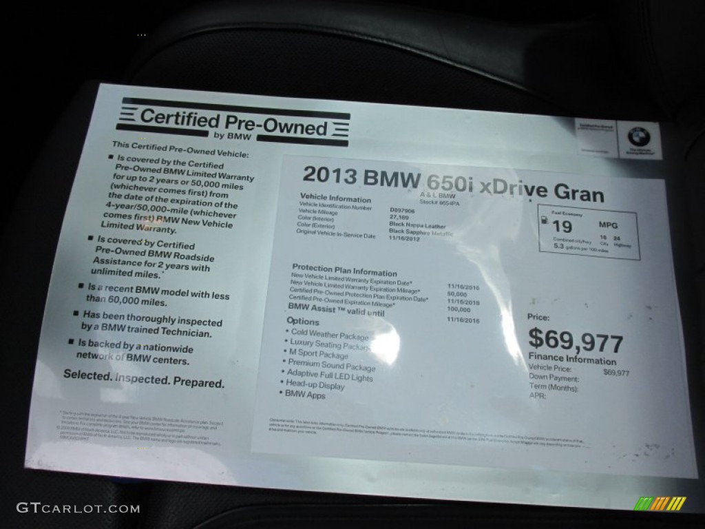 2013 BMW 6 Series 650i xDrive Gran Coupe Window Sticker Photos