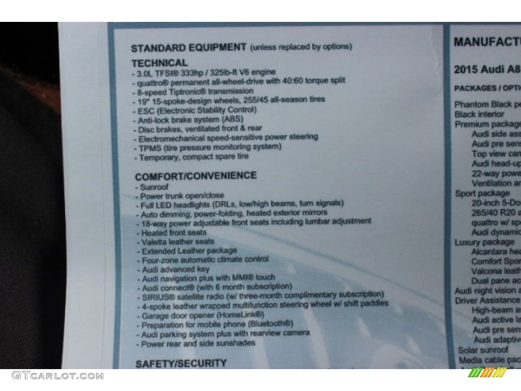 2015 Audi A8 L 3.0T quattro Window Sticker Photo #95727446