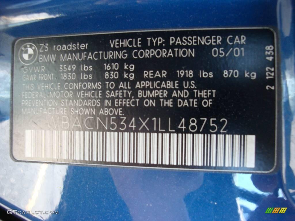 2001 BMW Z3 3.0i Roadster Info Tag Photos