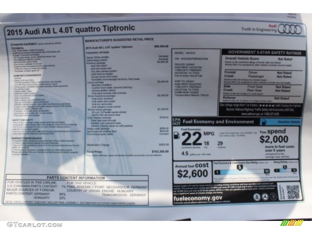 2015 Audi A8 L 4.0T quattro Window Sticker Photo #95762397