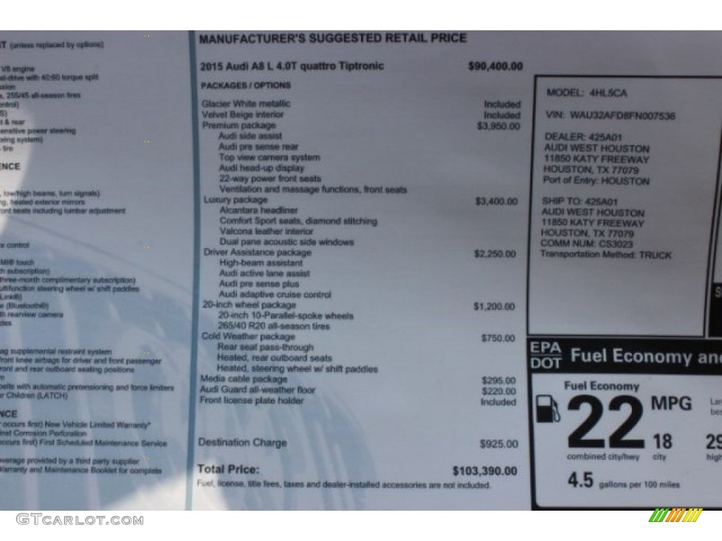 2015 Audi A8 L 4.0T quattro Window Sticker Photo #95762420