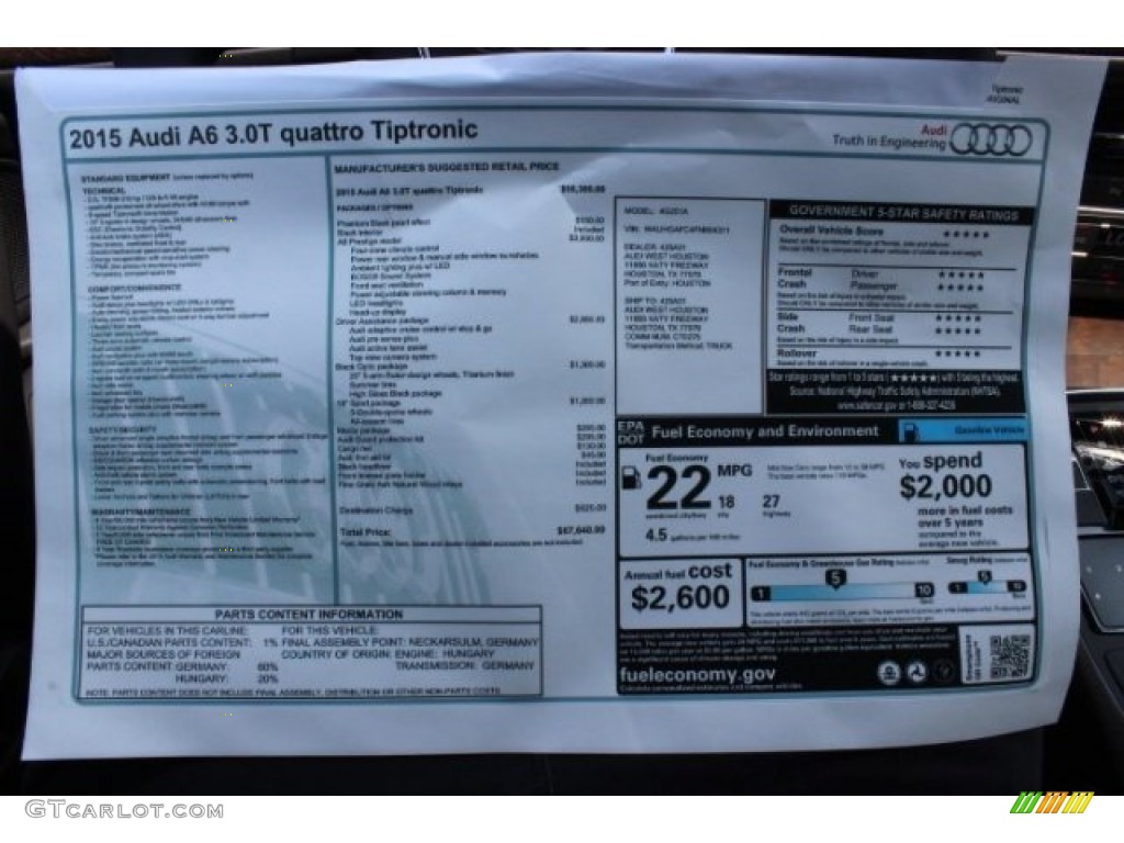 2015 Audi A6 3.0T Prestige quattro Sedan Window Sticker Photo #95765556