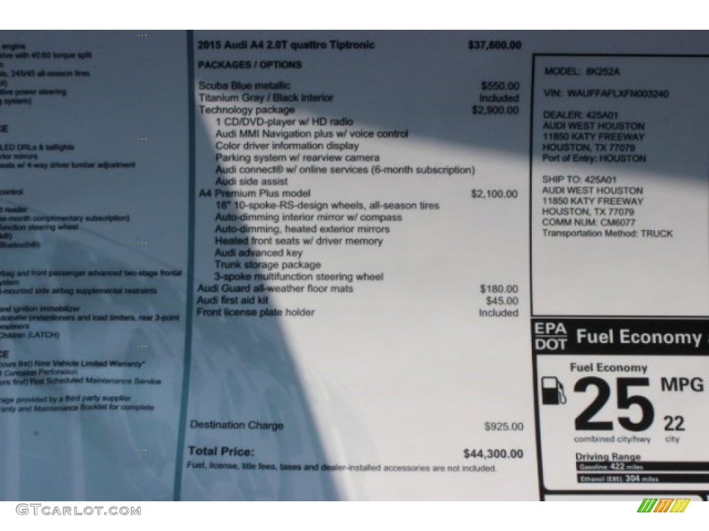 2015 Audi A4 2.0T Premium Plus quattro Window Sticker Photo #95766171