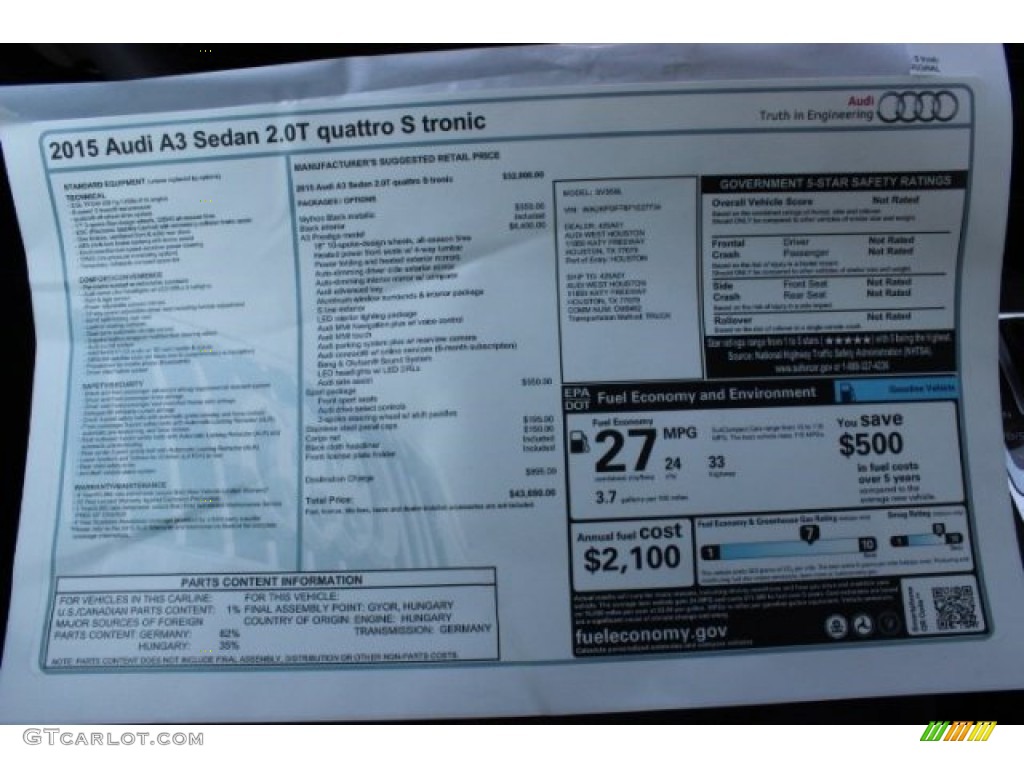 2015 Audi A3 2.0 Prestige quattro Window Sticker Photo #95768599