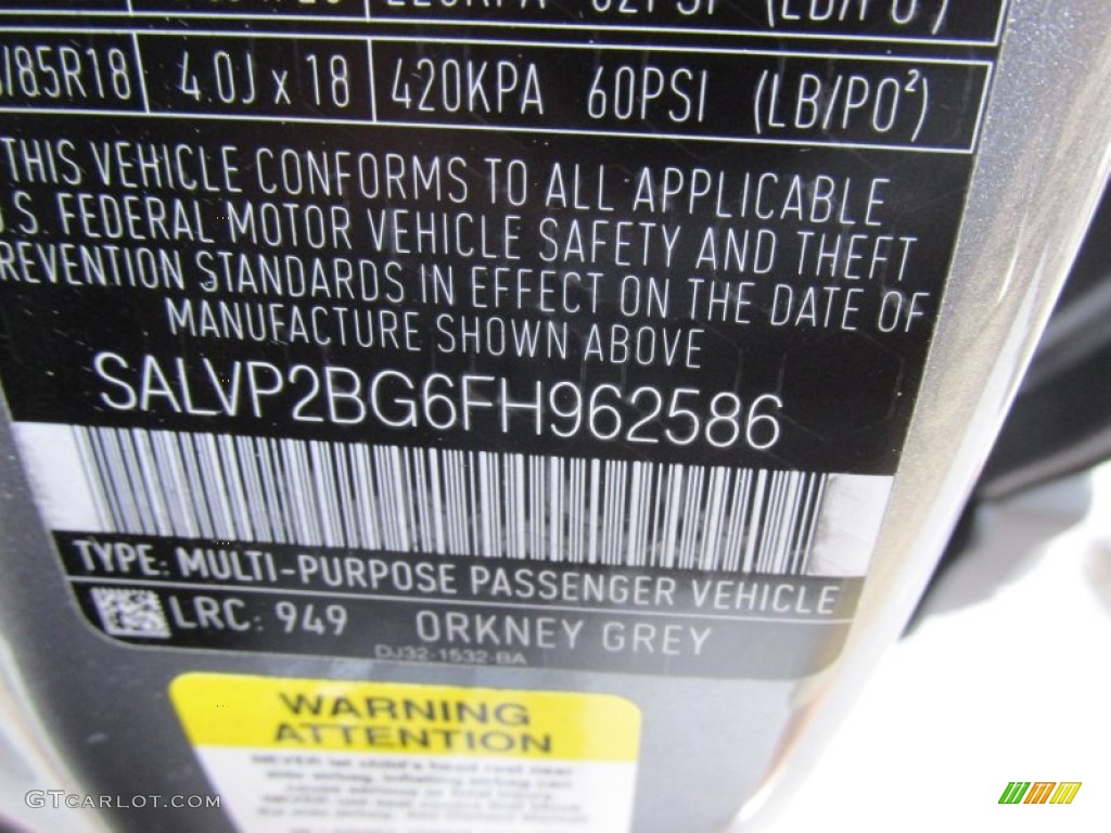 2015 Range Rover Evoque Color Code 949 for Orkney Grey Metallic Photo #95841349