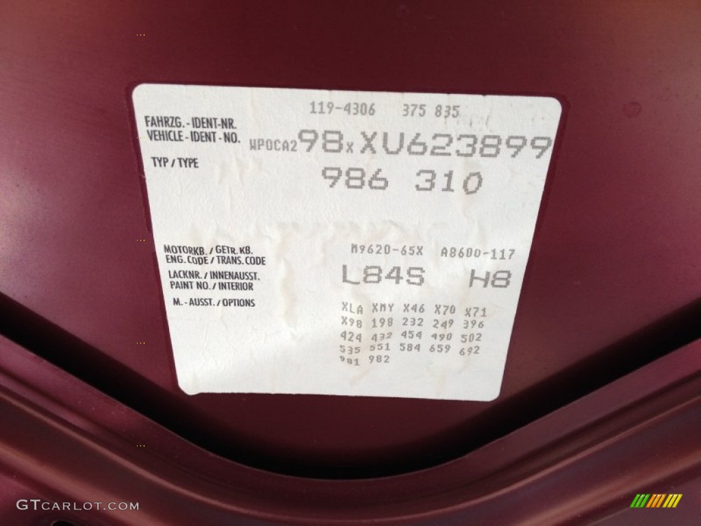 1999 Porsche Boxster Standard Boxster Model Color Code Photos