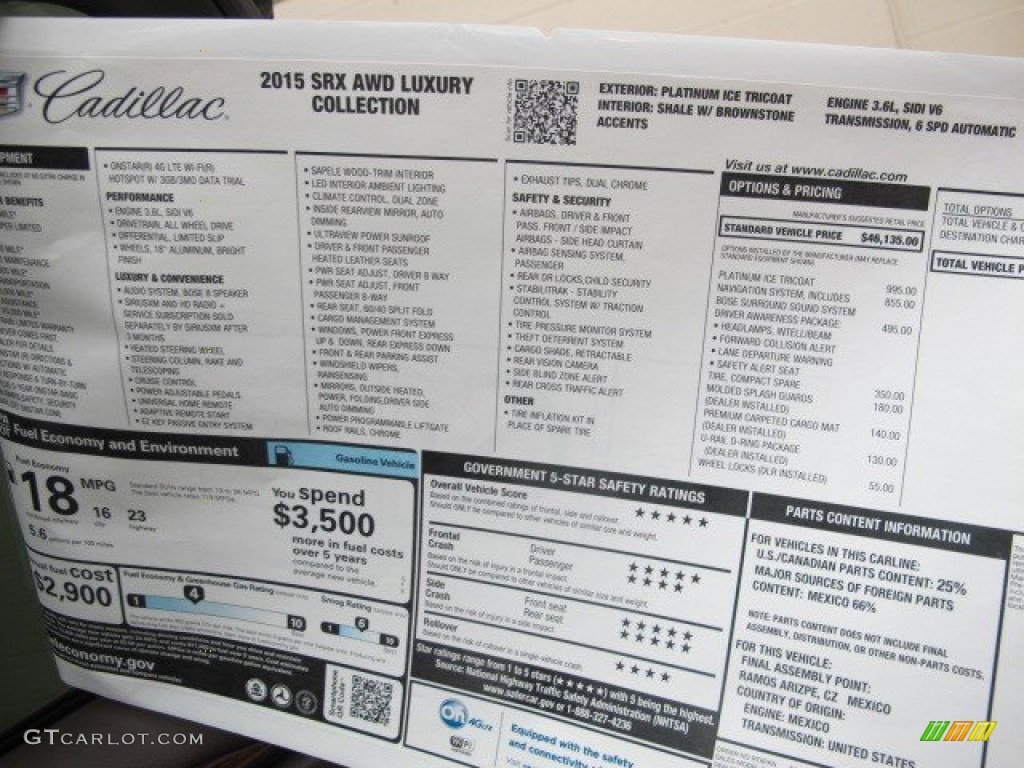 2015 Cadillac SRX Luxury AWD Window Sticker Photo #95877517
