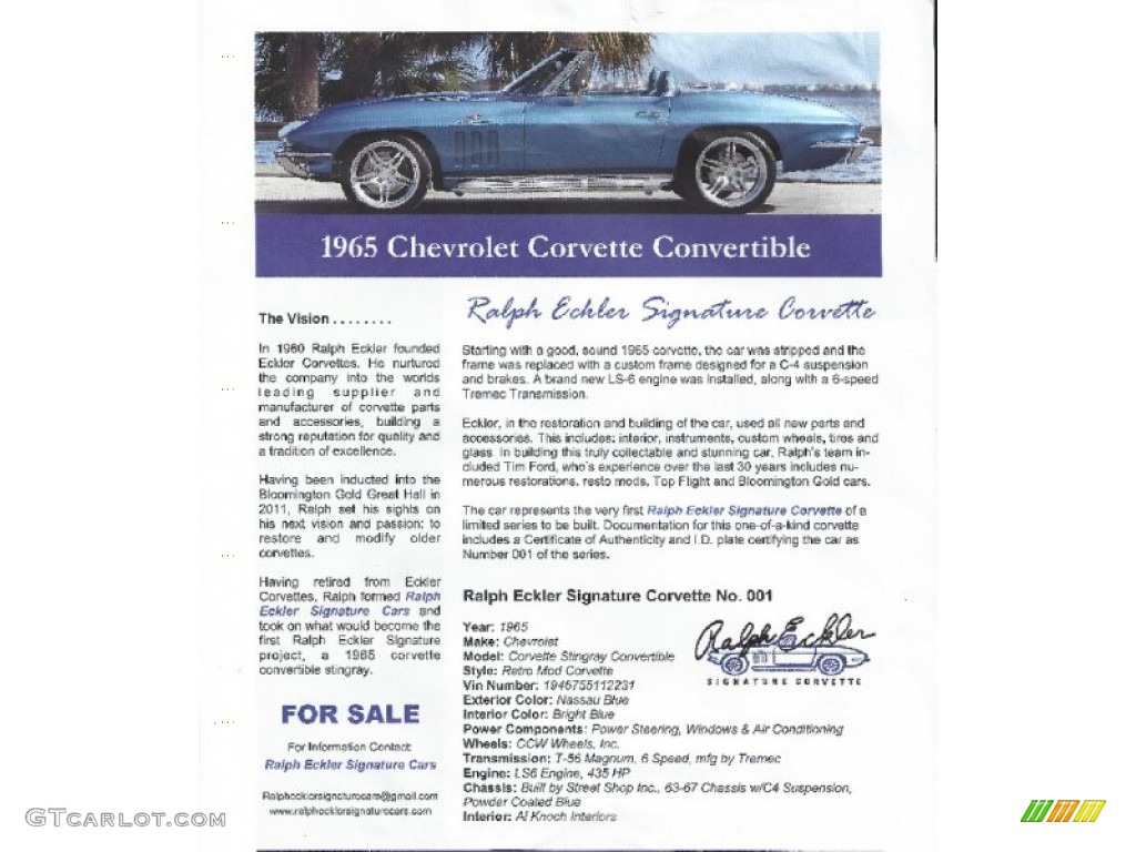 1965 Corvette Sting Ray Convertible Ralph Eckler Signature Corvette - Nassau Blue / Bright Blue photo #12