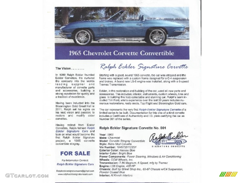 1965 Chevrolet Corvette Sting Ray Convertible Ralph Eckler Signature Corvette Window Sticker Photo #95907193