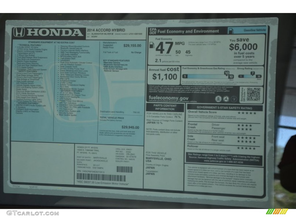 2014 Honda Accord Hybrid Sedan Window Sticker Photo #95912764