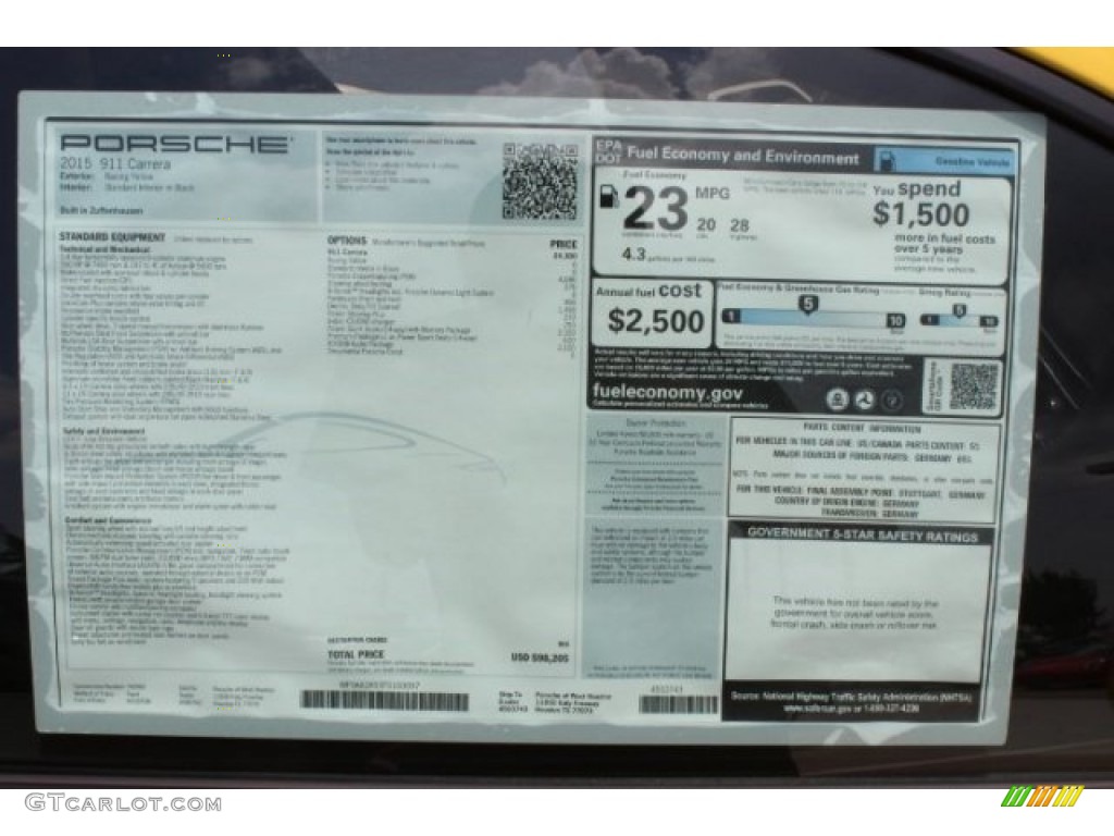 2015 Porsche 911 Carrera Coupe Window Sticker Photo #95921554
