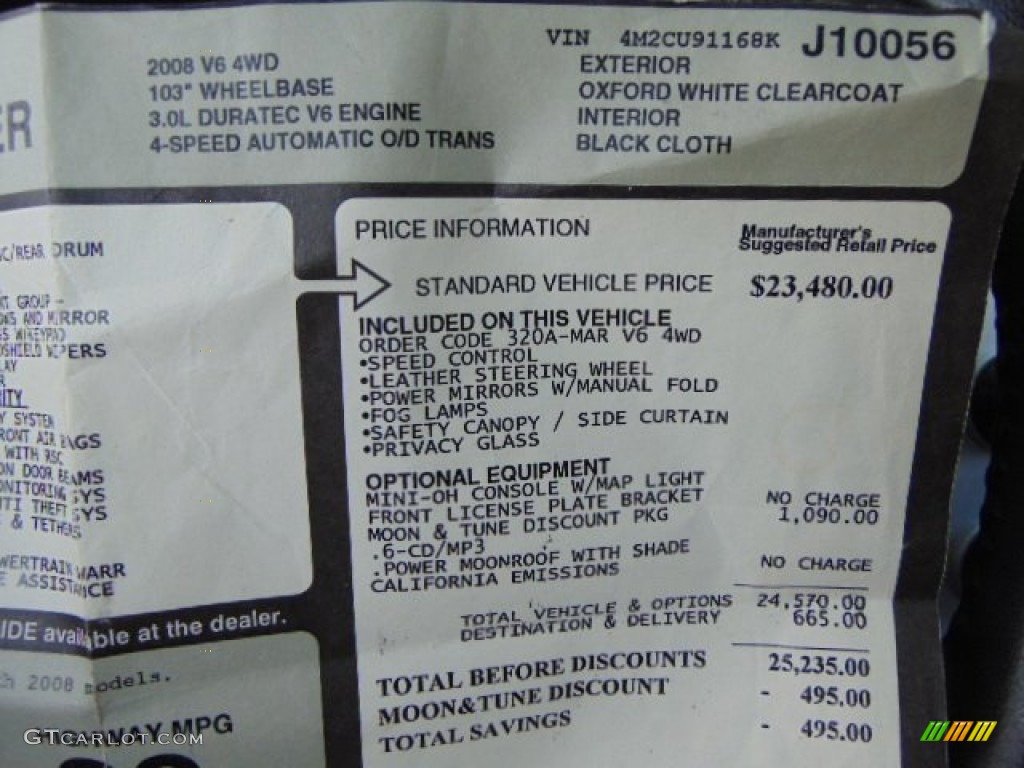 2008 Mercury Mariner V6 4WD Window Sticker Photo #95980432