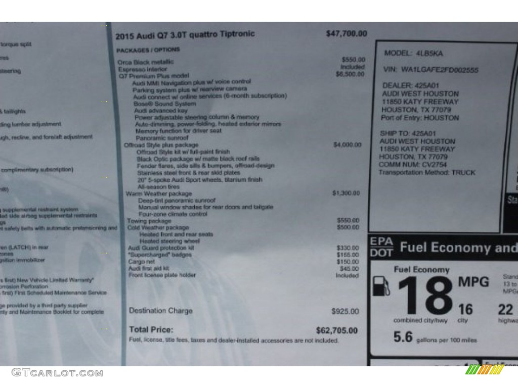2015 Audi Q7 3.0 Premium Plus quattro Window Sticker Photo #95985397