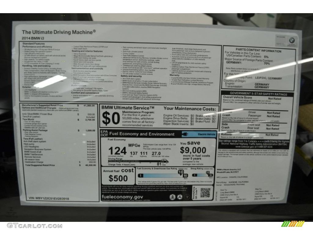 2014 BMW i3 Standard i3 Model Window Sticker Photo #96060561