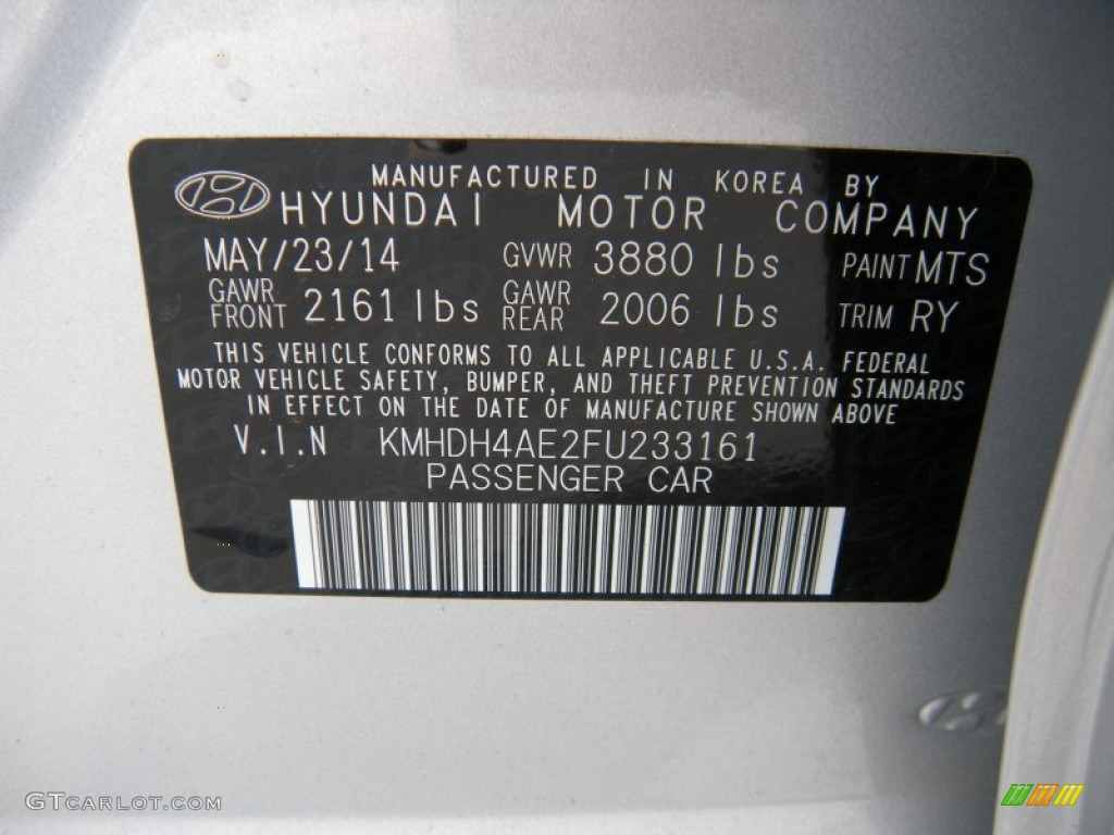 2015 Hyundai Elantra SE Sedan Color Code Photos