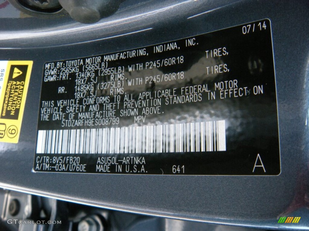 2014 Toyota Highlander LE Color Code Photos