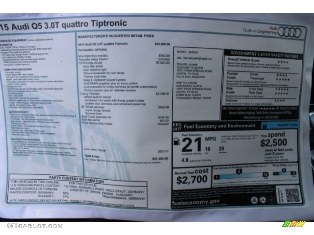 2015 Audi Q5 3.0 TFSI Prestige quattro Window Sticker Photo #96122200