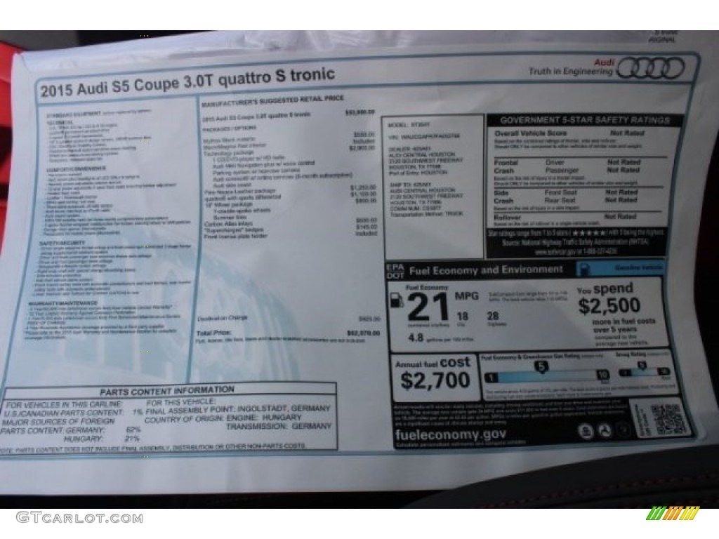 2015 Audi S5 3.0T Premium Plus quattro Coupe Window Sticker Photo #96122800
