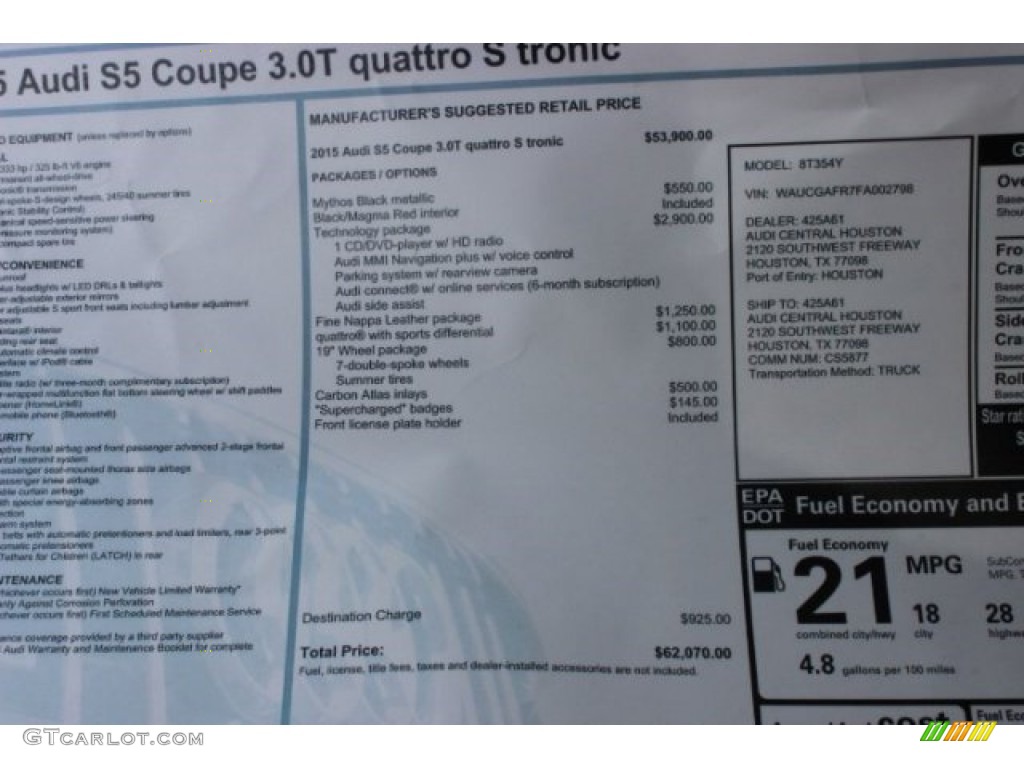 2015 Audi S5 3.0T Premium Plus quattro Coupe Window Sticker Photo #96122809