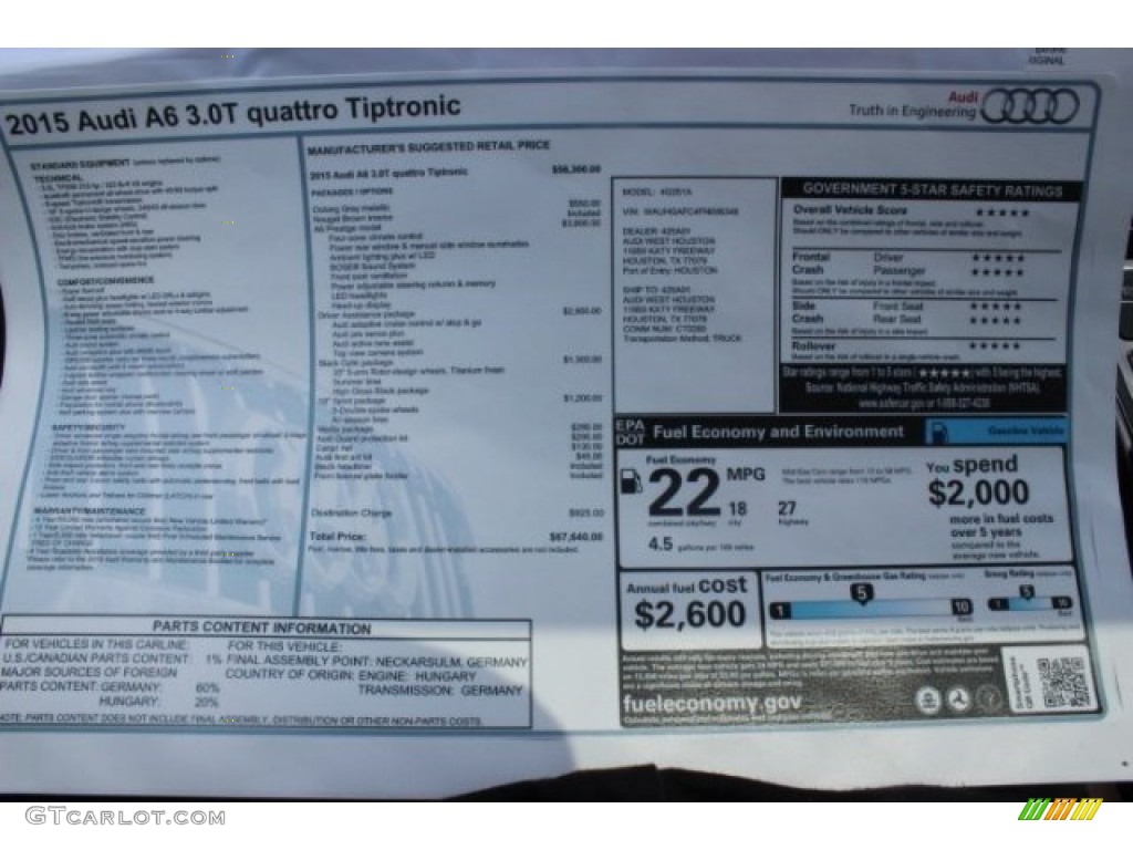 2015 Audi A6 3.0T Prestige quattro Sedan Window Sticker Photo #96198662