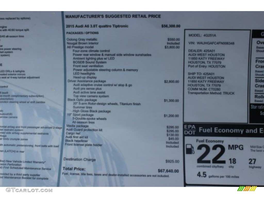 2015 Audi A6 3.0T Prestige quattro Sedan Window Sticker Photo #96198665