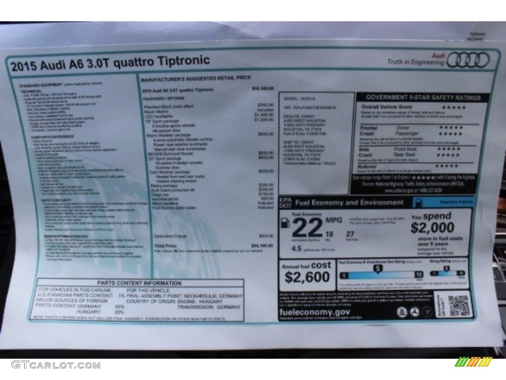 2015 Audi A6 3.0T Premium Plus quattro Sedan Window Sticker Photo #96198899