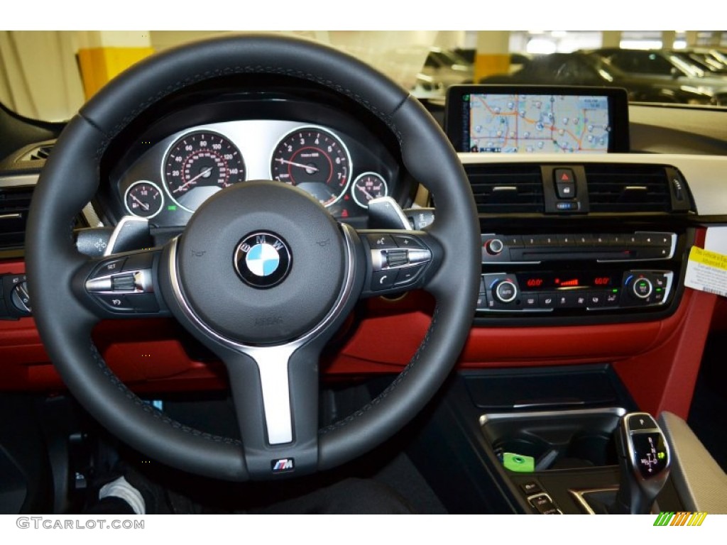 2015 BMW 4 Series 428i Gran Coupe Coral Red/Black Highlight Steering Wheel Photo #96280788