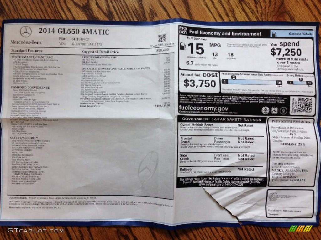 2014 Mercedes-Benz GL 550 4Matic Window Sticker Photo #96295386