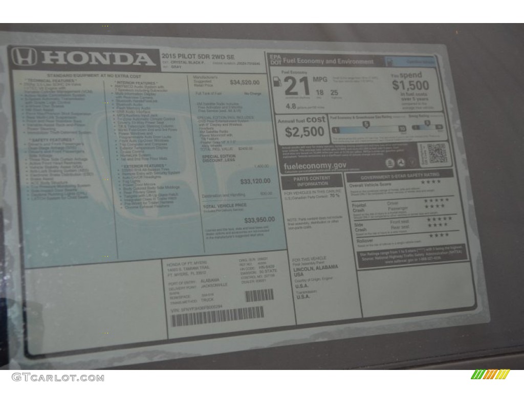 2015 Pilot SE - Crystal Black Pearl / Gray photo #5