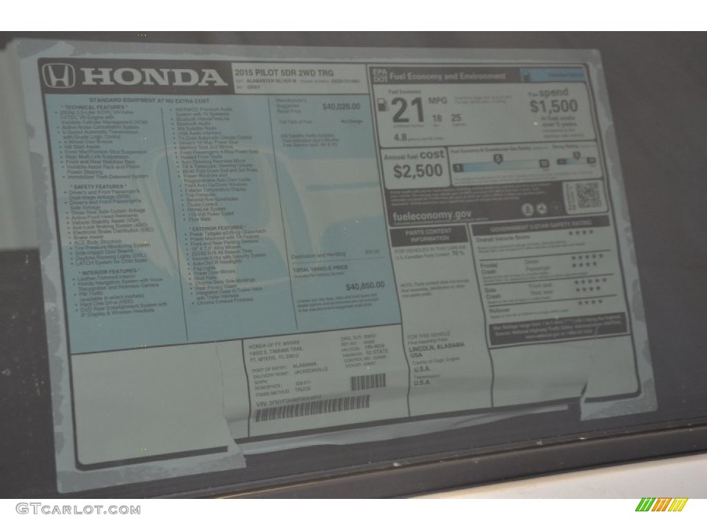 2015 Pilot Touring - Alabaster Silver Metallic / Gray photo #5