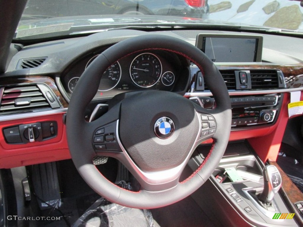 2015 BMW 4 Series 428i xDrive Convertible Coral Red/Black Highlight Steering Wheel Photo #96341522