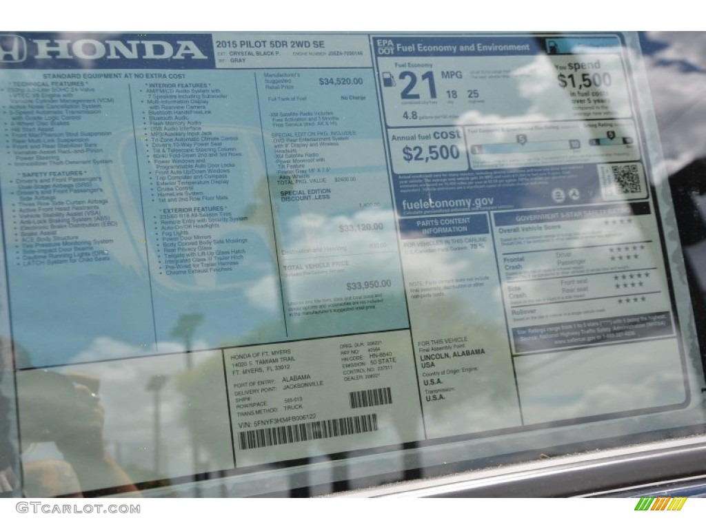 2015 Pilot SE - Crystal Black Pearl / Gray photo #7