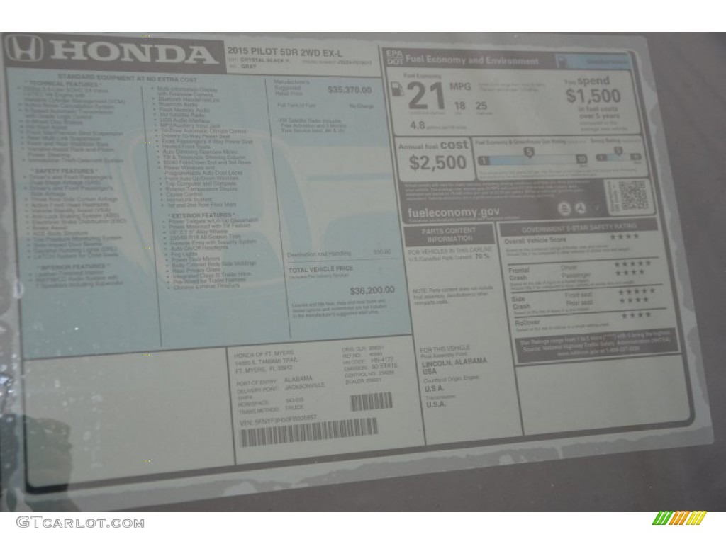 2015 Pilot EX-L - Crystal Black Pearl / Gray photo #5