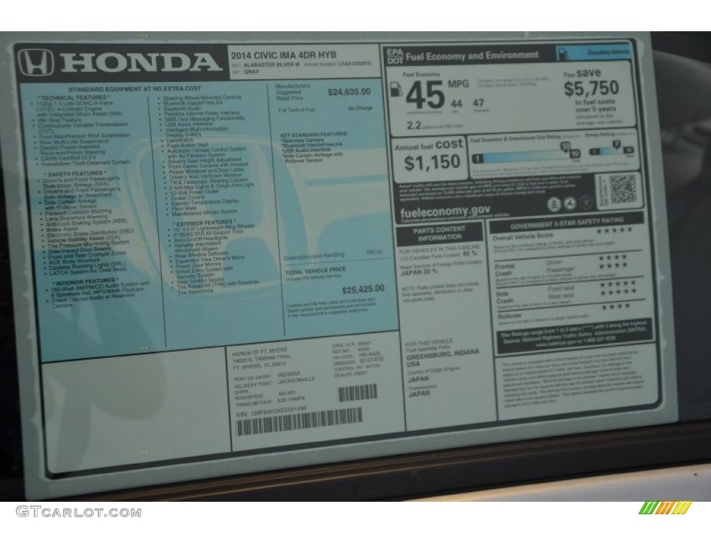 2014 Honda Civic Hybrid Sedan Window Sticker Photo #96367497