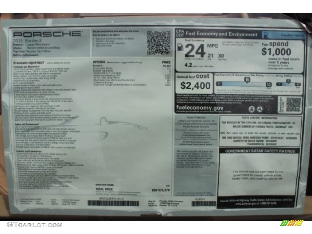 2015 Porsche Boxster S Window Sticker Photo #96393071