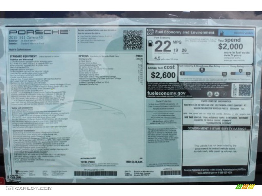 2015 Porsche 911 Carrera 4S Coupe Window Sticker Photo #96393719